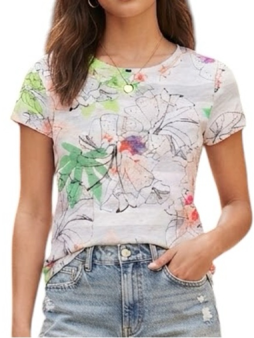 RW & CO Linen Floral Ruffle Shoulder Top Extra Small XS